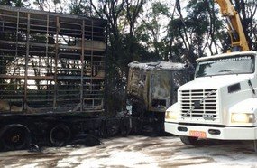 Carreta é destruída por incêndio após saída de pista