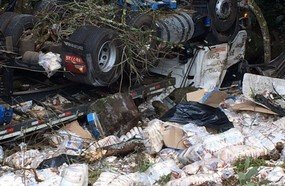 Carreta carregada com arroz despenca em ribanceira na BR-153